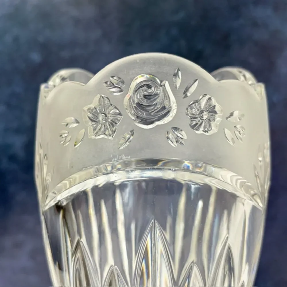 Heavy Clear Glass Vase Frosted Roses Scalloped Rim 10 in 4.3 lb